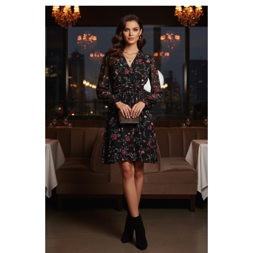 Gal Meets Glam Dress Womens 12P Red black Cherry Floral  Sleeve Fit Flare